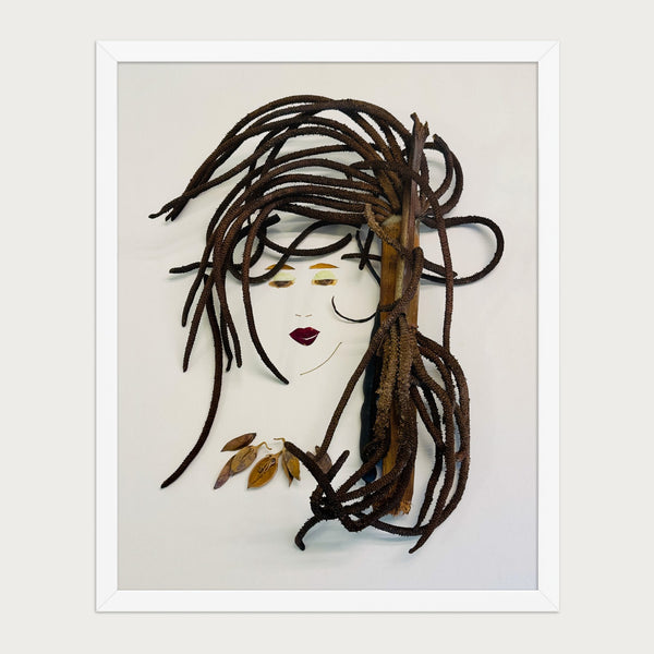 Tendril Serenity natural seed pod portrait wall art print by FloraFusion in a white frame, front view