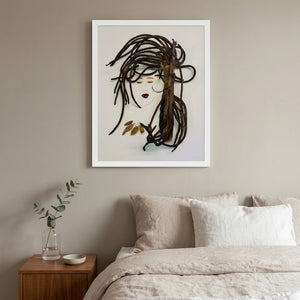 Tendril Serenity natural seed pod portrait wall art print in a white frame hanging in a bedroom