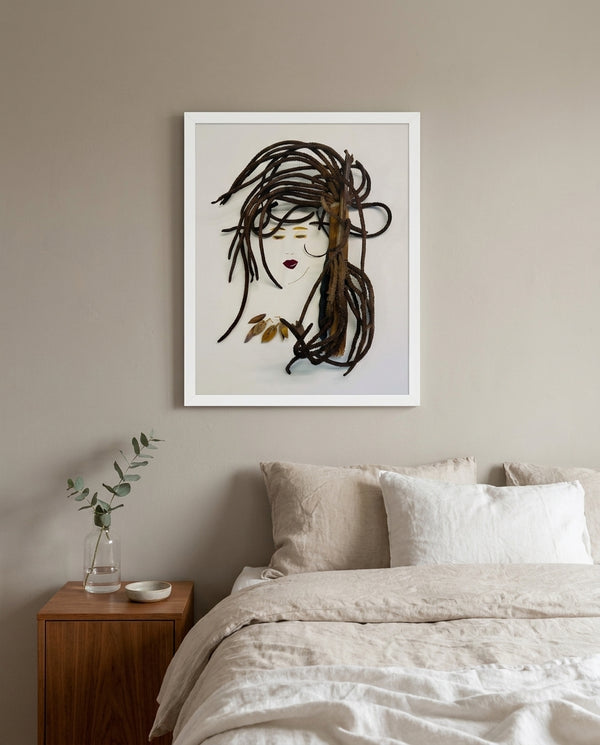 Tendril Serenity natural seed pod portrait wall art print in a white frame hanging in a bedroom