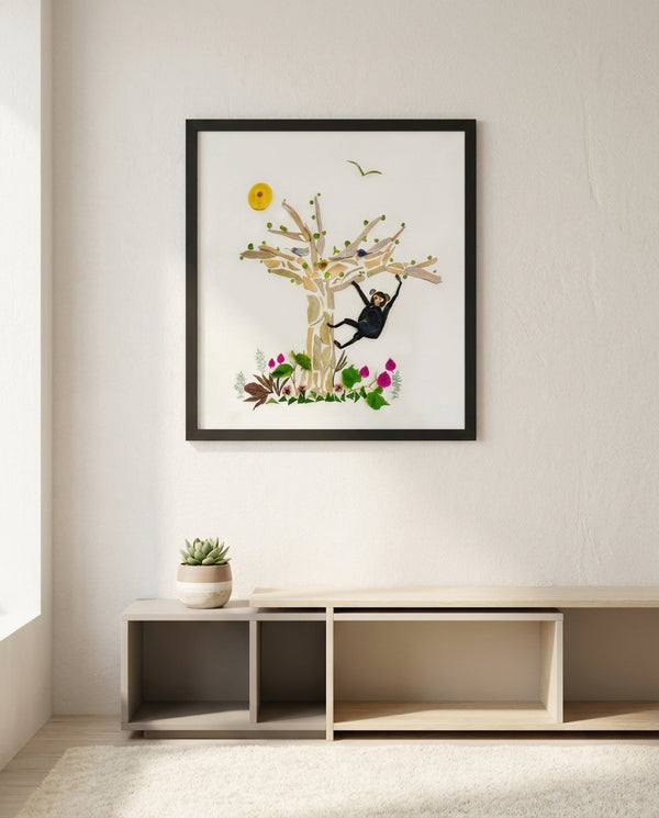 Tree Play Monkey art in a black frame in a kids room