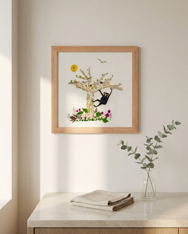 Tree Play Monkey art in a red oak wood frame in a bathroom