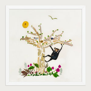 Tree Play Monkey botanical wildlife wall art in a white frame, front view