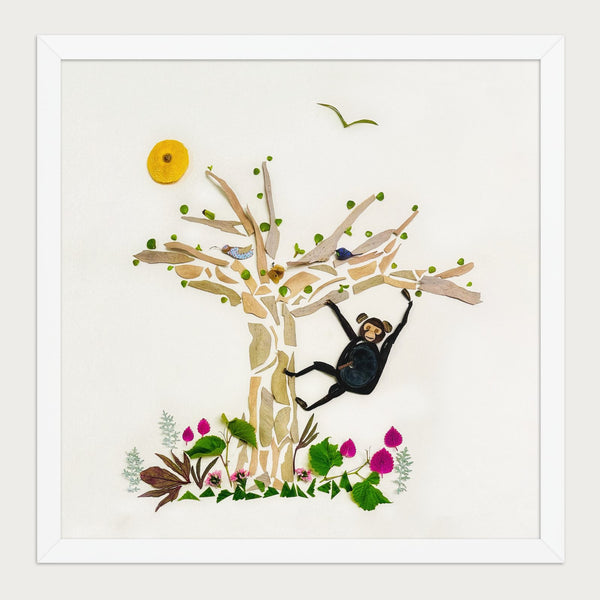 Tree Play Monkey botanical wildlife wall art in a white frame, front view