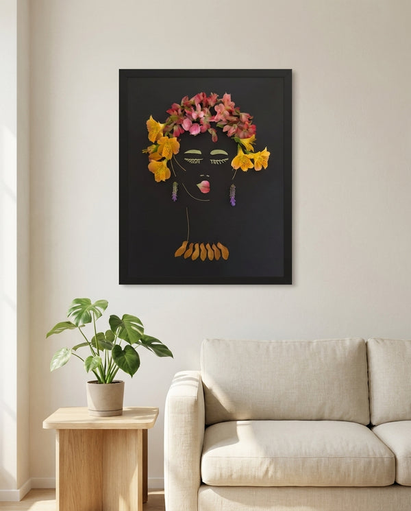 Twilight Lady botanical feminine portrait wall art print in a black frame hanging in a living room