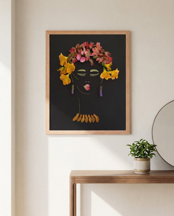 Twilight Lady botanical feminine portrait wall art print in a red oak wood frame hanging in an entryway