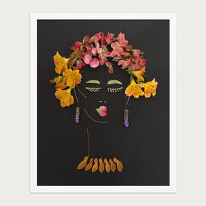 Twilight Lady botanical feminine portrait wall art print by FloraFusion in a white frame, front view