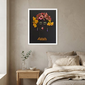 Twilight Lady botanical feminine portrait wall art print in a white frame hanging in a bedroom