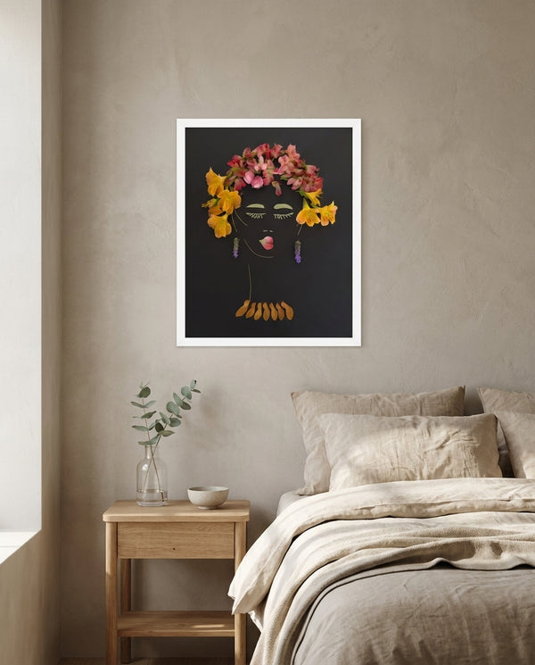 Twilight Lady botanical feminine portrait wall art print in a white frame hanging in a bedroom