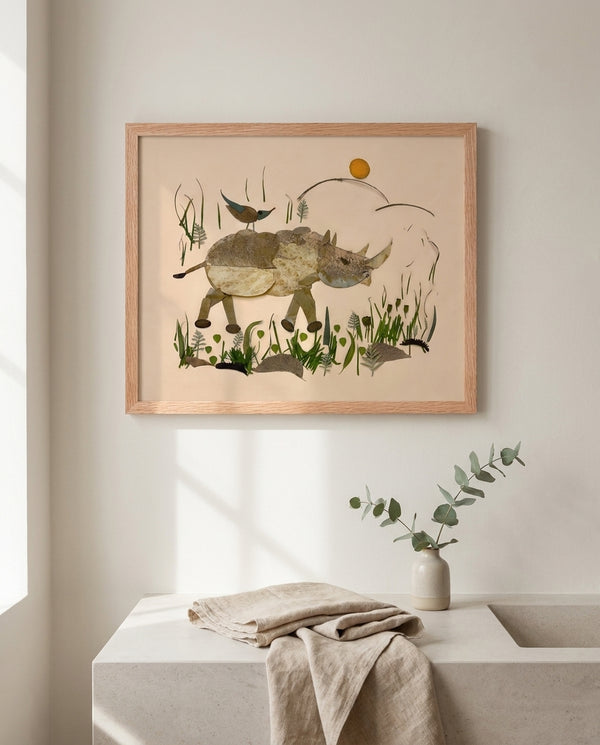 Wandering Rhino botanical wildlife wall art print in a red oak wood frame hanging in a bathroom
