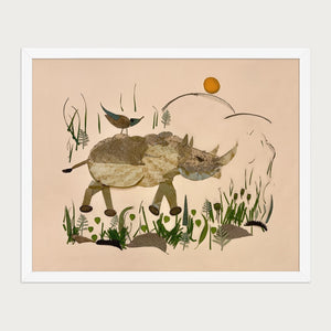 Wandering Rhino botanical wildlife wall art print by FloraFusion in a white frame, front view