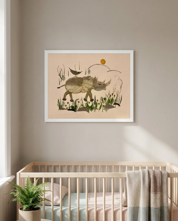 Wandering Rhino botanical wildlife wall art print in a white frame hanging in a nursery