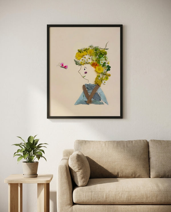 Whispering Spring botanical feminine profile wall art print in a black frame hanging in a living room