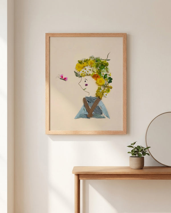 Whispering Spring botanical feminine profile wall art print in a red oak wood frame hanging in an entryway
