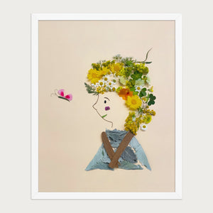 Whispering Spring botanical feminine profile wall art print by FloraFusion in a white frame, front view