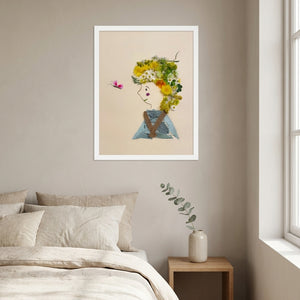 Whispering Spring botanical feminine profile wall art print in a white frame hanging in a bedroom