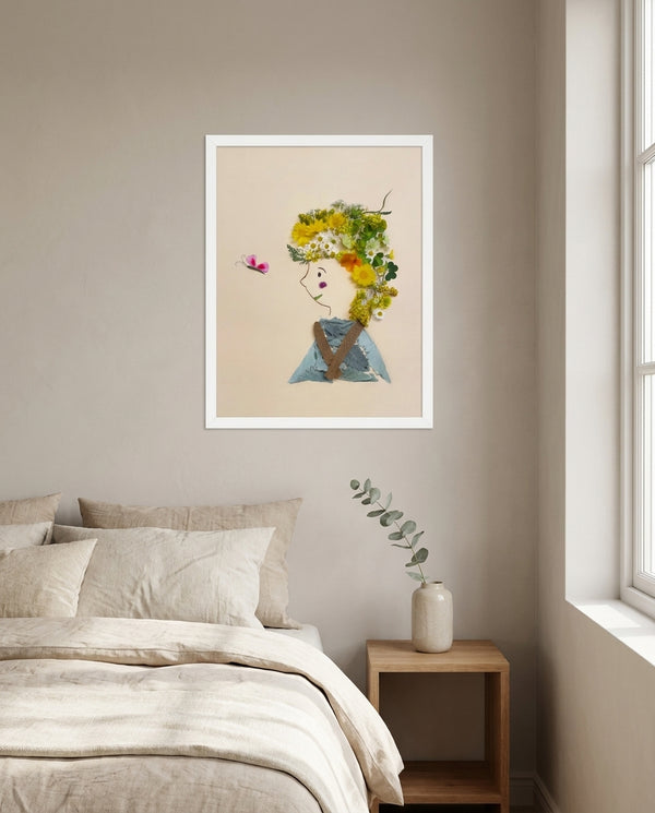 Whispering Spring botanical feminine profile wall art print in a white frame hanging in a bedroom