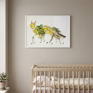 Wild Bloom Fox in a white frame hung above a crib in a nursery
