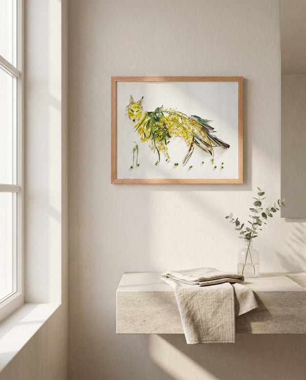 Wild Bloom Fox in a red oak frame in a warm bathroom