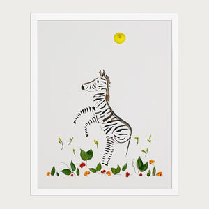 Wild Rising Zebra botanical wildlife wall art print by FloraFusion in a white frame, front view