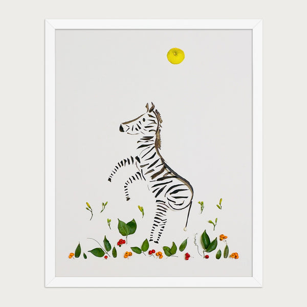 Wild Rising Zebra botanical wildlife wall art print by FloraFusion in a white frame, front view
