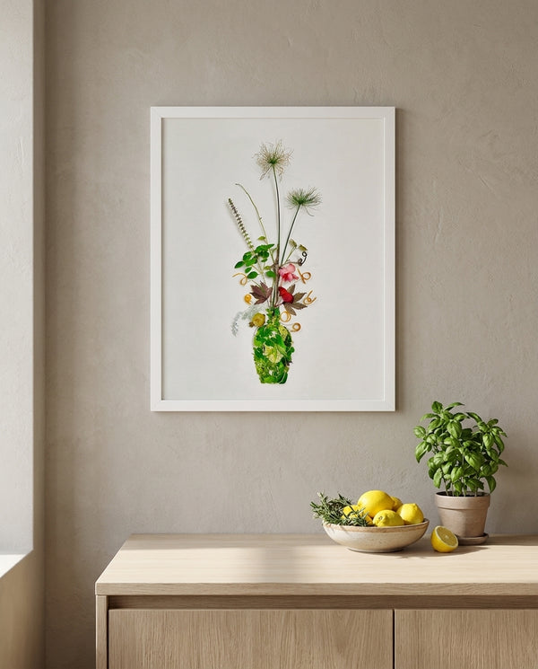 Wild Stem Vessel in a white frame hung in a bright kitchen