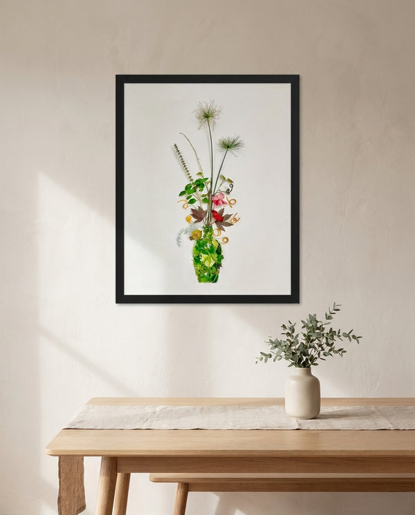 Wild Stem Vessel in a black frame hung in a dining room