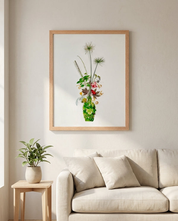 Wild Stem Vessel in a red oak frame in a living room