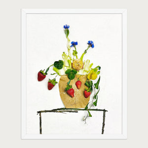 Wild Strawberry Vase floral still life botanical wall art in a white frame, front view