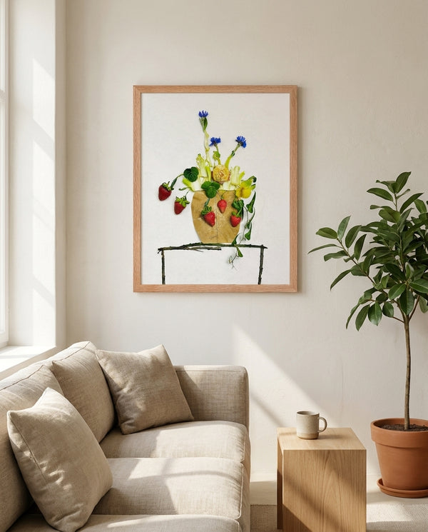 Wild Strawberry Vase botanical print in a red oak frame in a living room