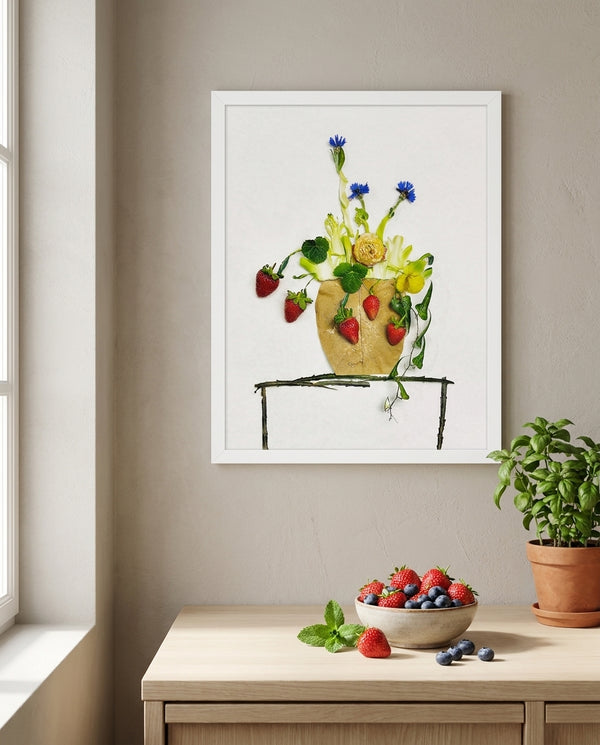 Wild Strawberry Vase botanical print in a white frame on a kitchen wall