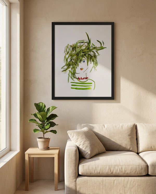 Willow Whisper botanical feminine portrait wall art print in a black frame hanging in a living room