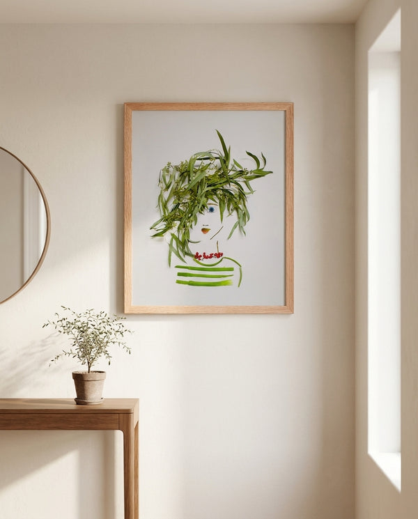 Willow Whisper botanical feminine portrait wall art print in a red oak wood frame hanging in an entryway