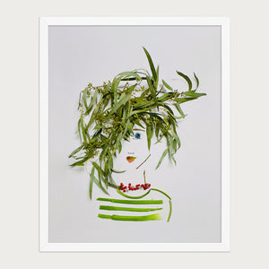 Willow Whisper botanical feminine portrait wall art print by FloraFusion in a white frame, front view