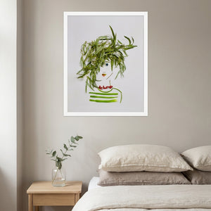 Willow Whisper botanical feminine portrait wall art print in a white frame hanging in a bedroom