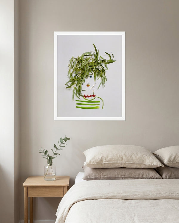 Willow Whisper botanical feminine portrait wall art print in a white frame hanging in a bedroom