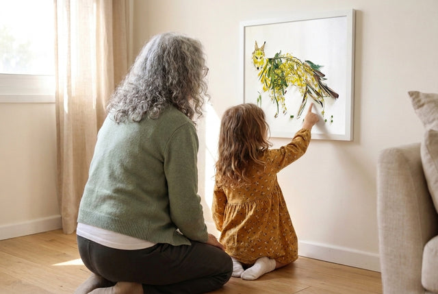 Grandmother and granddaughter playing spot-it with the Wild Bloom Fox botanical art