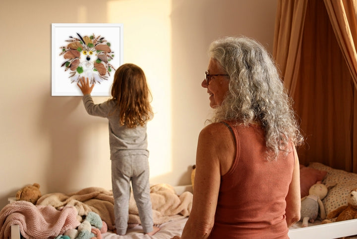 Artist Shirley Regev watching her granddaughter find treasures in the Botanical Lion Spirit art