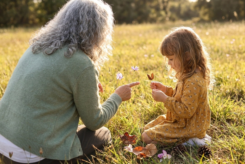 Grandmother and granddaughter studying wildflowers and seeds in a meadow