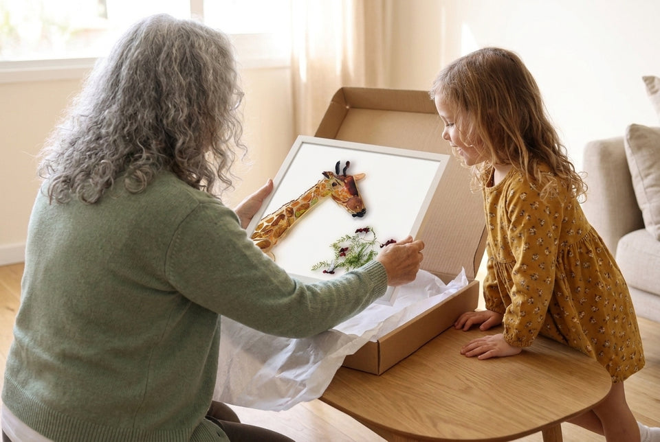 Unboxing the framed Gentle Giraffe botanical art together
