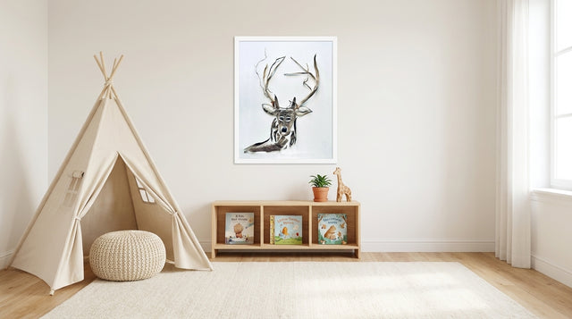 Still Forest Deer botanical art print in a kids room above a bookshelf