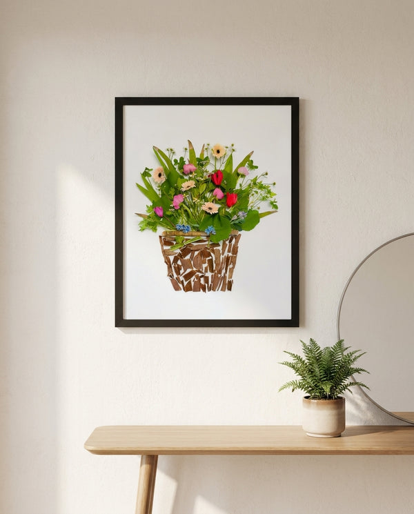 Woodland Flower Basket botanical still life wall art print in a black frame hanging in an entryway