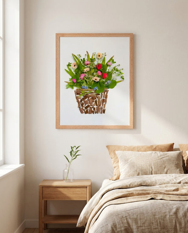 Woodland Flower Basket botanical still life wall art print in a red oak wood frame hanging in a bedroom