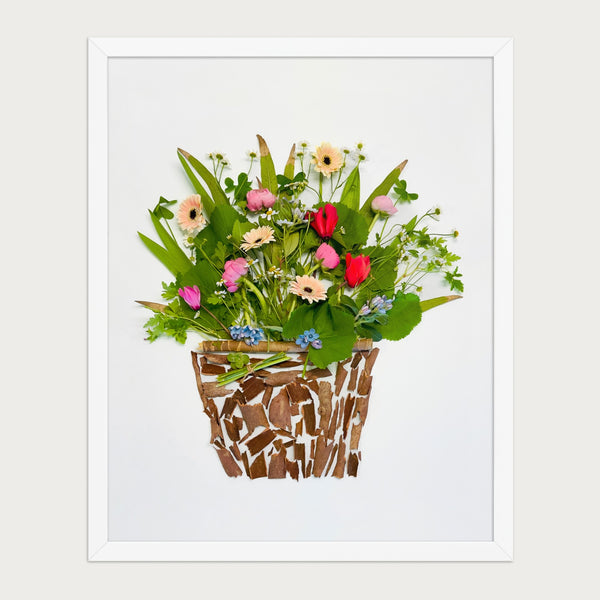 Woodland Flower Basket botanical still life wall art print by FloraFusion in a white frame, front view