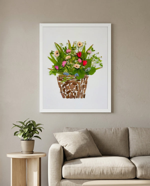 Woodland Flower Basket botanical still life wall art print in a white frame hanging in a living room