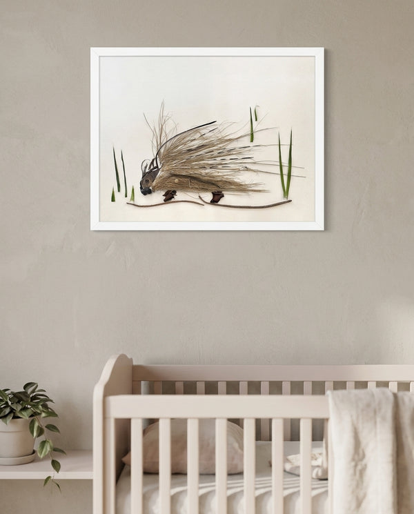 Woodland Porcupine art in a white frame hung in a nursery