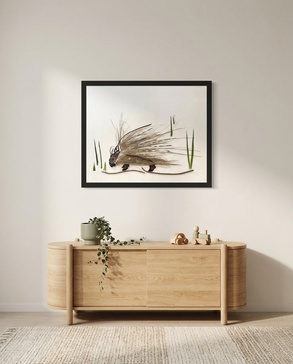 Woodland Porcupine art in a black frame hung in a kids room