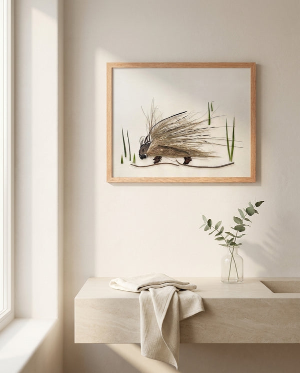 Woodland Porcupine art in a red oak frame hung in a bathroom